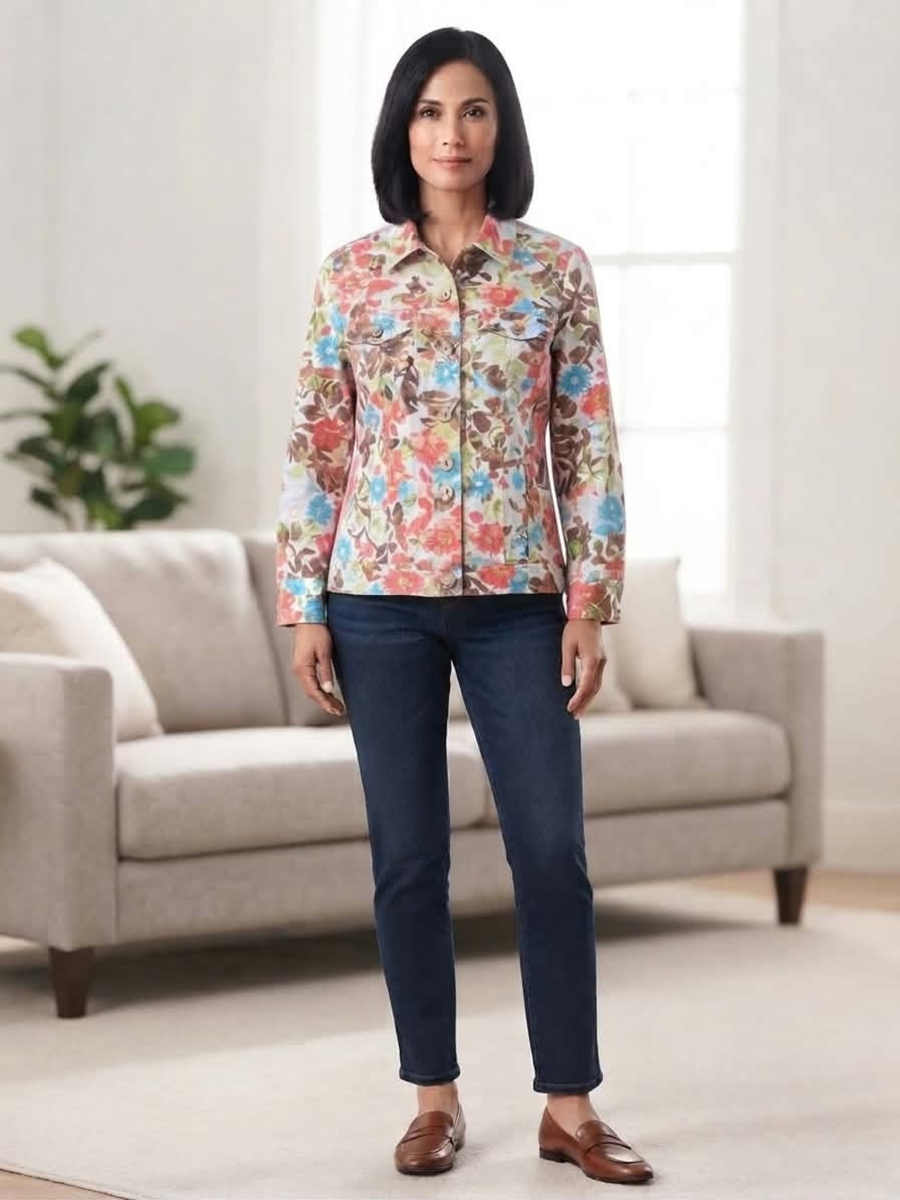 Jane Ashley Woman Floral Print 100% Cotton Button-Front Jacket Size 1X